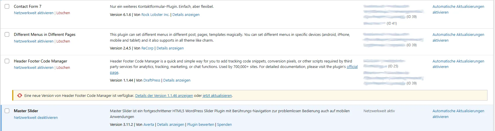 Die Spalte „Aktiv auf Sites“ in der Netzwerk-Plugin-Liste von WordPress zeigt pro Plugin die Sites, auf denen es aktiviert ist