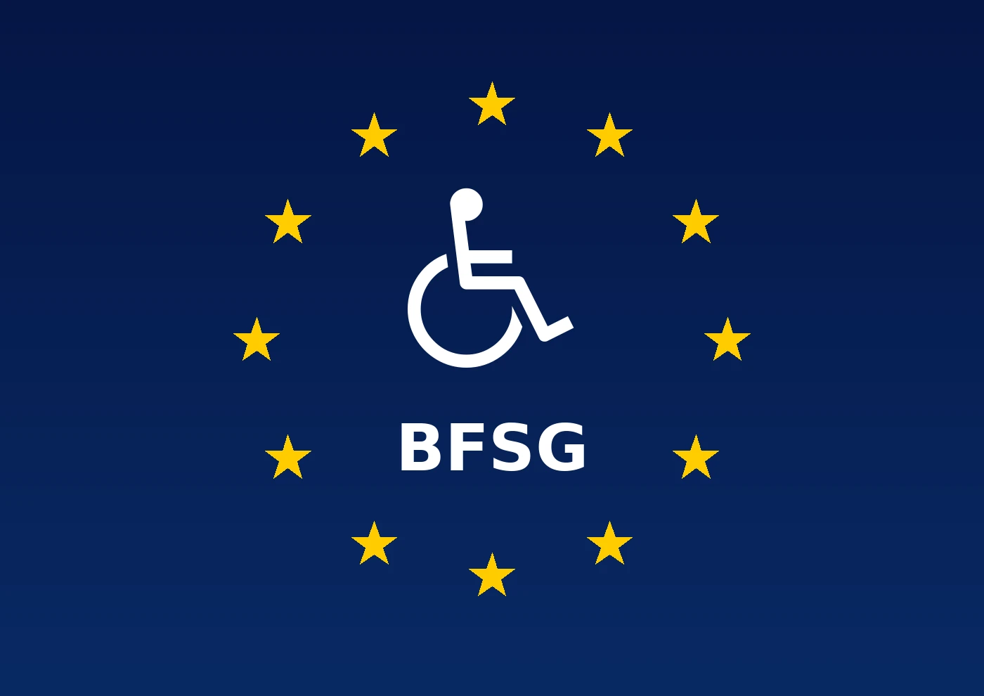 Kreis aus EU-Sternen mit einem Symbol für Barrierefreiheit und dem Schriftzug BFSG