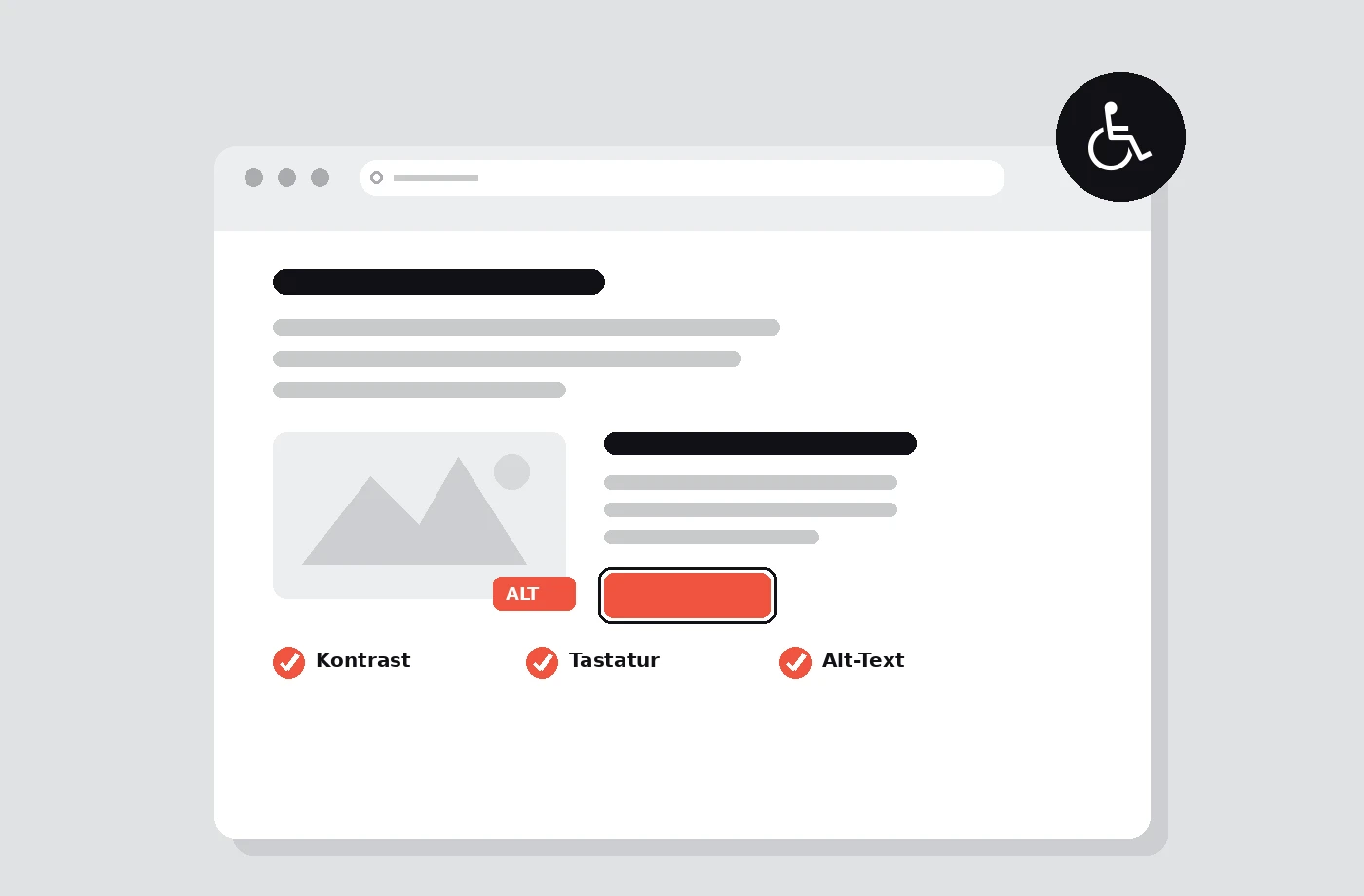 Beispielhafte Website mit Barrierefreiheits-Checkliste: Kontrast, Tastaturbedienung und Alt-Text